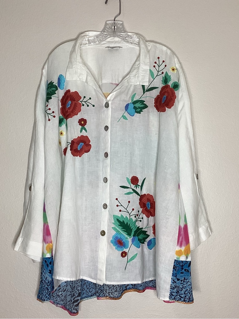 John Mark White Button-Down Shirt  Floral Embroidery mixed Media 2X